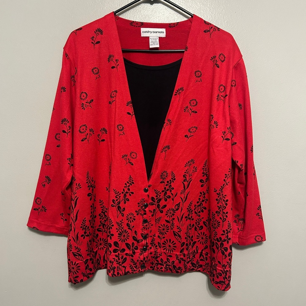 Cathy Daniels Cardigan Blouse Set XL Red Black Floral Stretch Knit Layered Chic